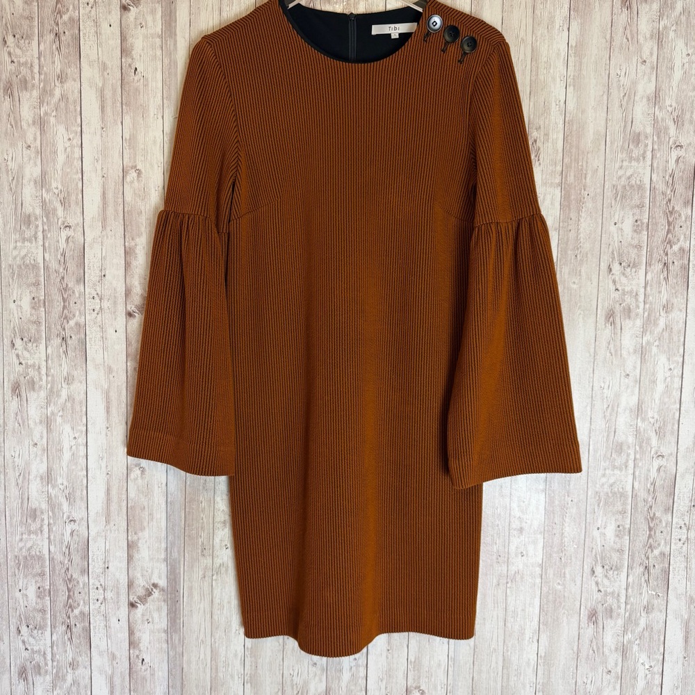 Tibi Rust Striped Wide-Sleeve Ribbed Shift Dress Small